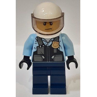 Minifigura Policeman, Black Vest with Badge and Pouches over Bright Light Blue Shirt, Dark Blue Legs, White Helmet with Visor del set 60244