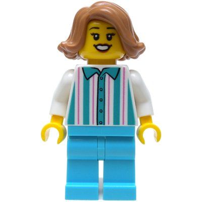 Figurine Woman, Shirt with White and Dark Turquoise Stripes, White Legs, Medium Nougat Hair du set 10278
