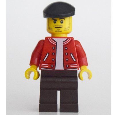 Figurine Man, Red Letterman Jacket, Dark Brown Legs, Black Beret du set 10278