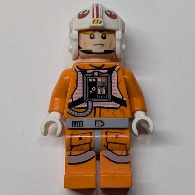 Figurine Luke Skywalker, Orange Rebel Pilot Outfit, Light Bluish Gray Hips, White Hands, Visor on Both Sides of Head du set 75049