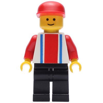 Minifigure Man - White Torso with Blue/Red Stripes, Black Legs, Red Cap del set 4223