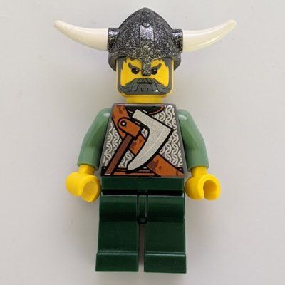 Figurine Viking Warrior - Armour, Battle Axe on Torso, Sand Green Arms, Dark Green Legs, Gray Hair du set 7019