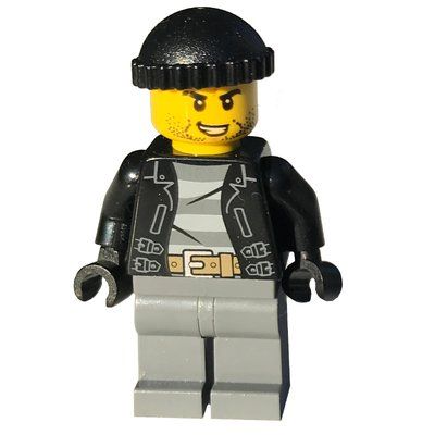 Figurine Criminal, Open Black Jacket over Prison Shirt, Dark Bluish Grey Legs, Black Hat, Stubble du set 60198