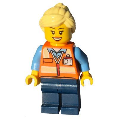 Figurine Train Worker - Orange Vest, Dark Blue Legs, Light Yellow Hair, Female du set 60198