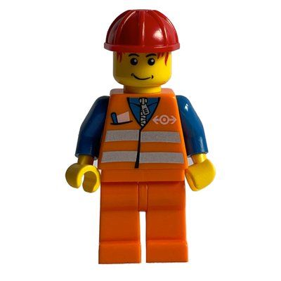 Figurine Train Worker - Orange Safety Vest, Orange Legs, Red Helmet, red Hair du set 7898
