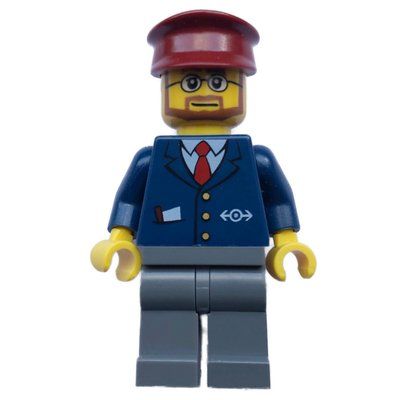 Minifiguur Conductor - Dark Blue Jacket, Dark Bluish Grey Legs, Dark Red Hat uit set 7938