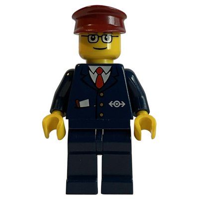 Figurine Train Conductor - Dark Blue Jacket, Dark Blue Legs, Dark Red Hat, Glasses (3626b head) du set 10173