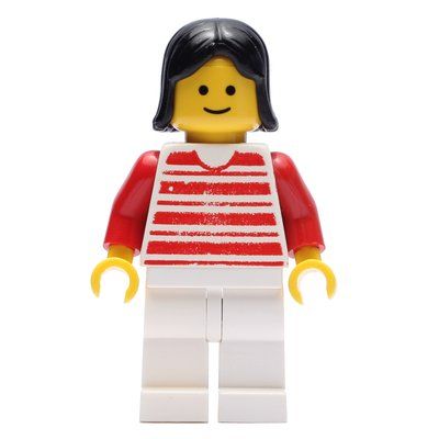 Minifigure Woman - Red/White Striped Shirt, Red Arms, White Legs (3626b Head) del set 10002