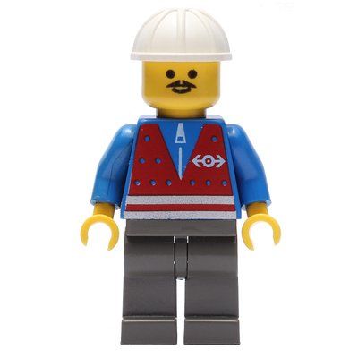 Figurine Train Worker - Red Vest, Dark Gray Legs, White Helmet, Moustache du set 4557