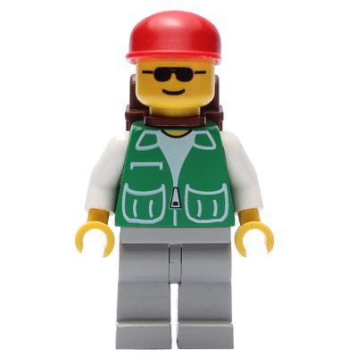 Minifigure Man, Green Jacket, Light Grey Legs, Sunglasses, Brown Backpack del set 2150