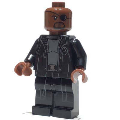 Minifiguur Nick Fury in Long Black Coat Over Gray Sweater, Line on Hips uit set 76130