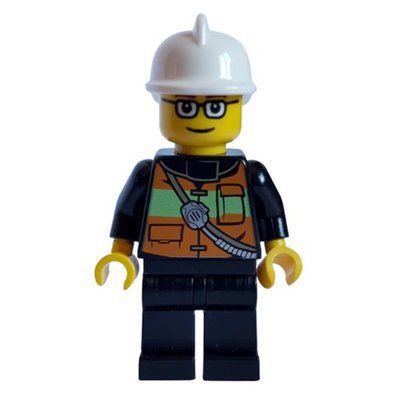 Minifigura Fireman with Reflective Stripe Vest with Pockets and Radio on Shoulder Strap, White Helmet, and Glasses del set 10671