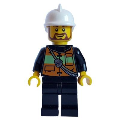Minifigura Fireman with Reflective Stripe Vest with Pockets and Radio on Shoulder Strap, White Fire Helmet, and Beard del set 10671