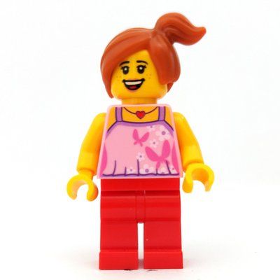 Figurine Child with Bright Pink Top with Butterflies and Flowers, Red Legs, Off-center Ponytail du set 10686