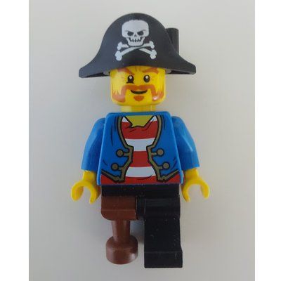Minifigura Pirate with Blue Jacket over Red and White Striped Shirt, Peg Leg, and Pirate Hat with Skull del set 10679