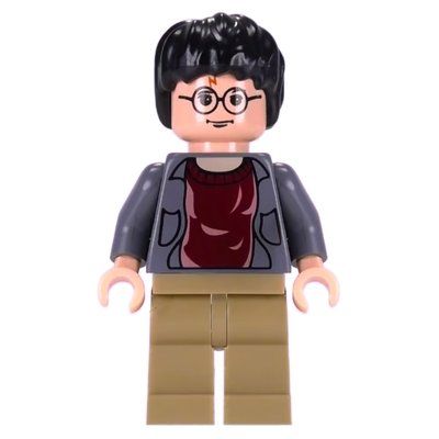 Minifigurka Harry Potter, Open Dark Bluish Gray Jacket over Dark Red Shirt, Dark Tan Legs z zestawu 4756