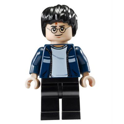 Minifigure Harry Potter, Open Dark Blue Jacket over White Shirt, Black Legs del set 10217