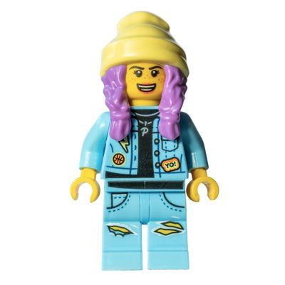 Minifigura Parker L. Jackson, Bright Light Blue Denim Jacket, Bright Light Yellow Beanie Hat, Medium Lavender Hair, Scared / Open Mouth del set 70423