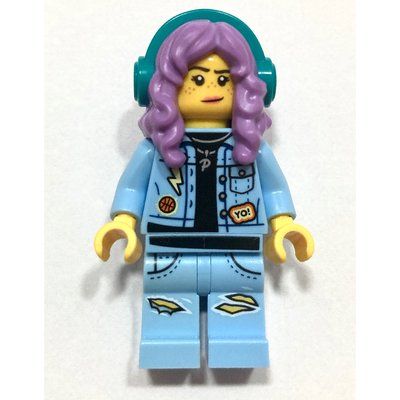 Minifiguur Parker L. Jackson, Bright Light Blue Denim Jacket, Medium Lavender Hair with Headphones, Angry / Smirk uit set 70437