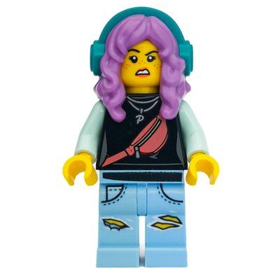 Minifigur Parker L. Jackson, Black Top, Medium Lavender Hair with Headphones, Smile / Disgusted aus Set 70428
