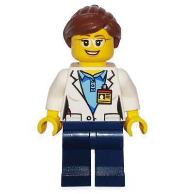 Minifiguur Scientist, Dark Blue Legs, Name Badge, Glasses, Female uit set 60080