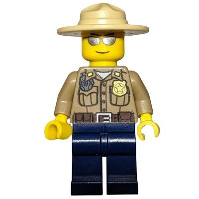 Minifigura Forest Police / Ranger, Dark Tan Shirt with Radio and Badge, Dark Blue Legs, Tan Campaign Hat, Silver Sunglasses del set 4436