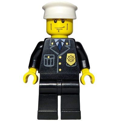 Minifigura Policeman, Black Suit with Badge, White Hat, Cheek Lines, Brown Eyebrows del set 7743