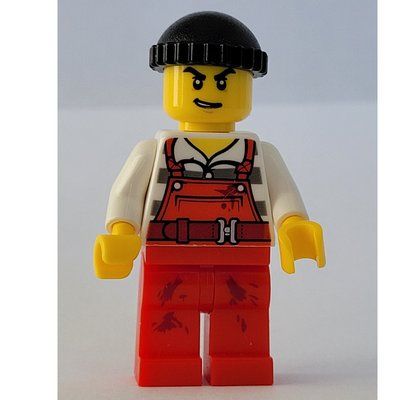 Minifigurka Criminal Joe Frankfurter, Red Overalls over Prison Shirt, Black Hat z zestawu 60140