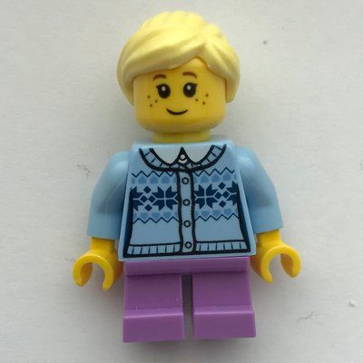 Minifiguur Girl, Cardigan Light Bright Blue, Short Medium Lavender Legs uit set 5004934