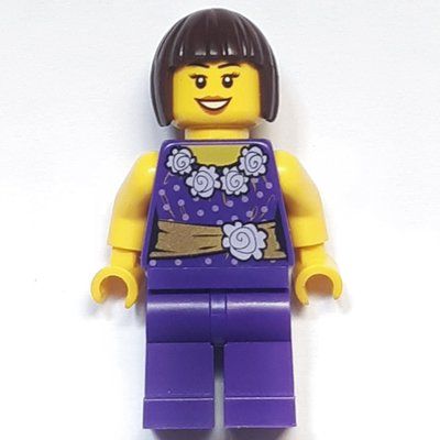 Minifigura Woman, Dark Purple Outfit with Blouse, Flowers and Gold Sash, Dark Brown Hair del set 40120