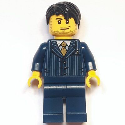 Minifigura Man, Dark Blue Pinstripe Suit with Gold Tie, Black Hair del set 40120