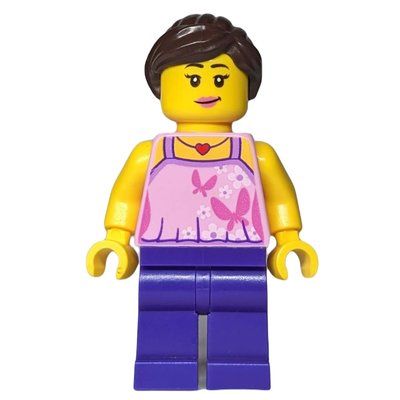 Minifiguur Woman, Bright Pink Halter Top with Butterflies, Dark Purple Legs uit set 40236