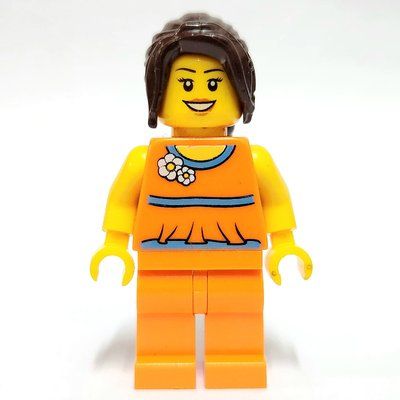Figurine Woman, Orange Outfit with Flowers, Dark Brown Ponytail du set 40052