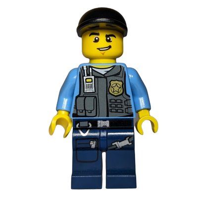 Figurine Policeman, Vest with Badge, Pockets, and Radio, Black Cap du set 60024