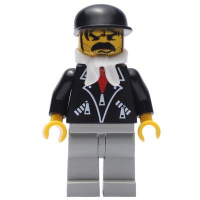 Minifigur Man - Black Jacket, Light Gray Legs, White Bandanna, Black Cap aus Set 3314