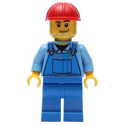 Minifigure Man, Blue Overalls, Red Hard Hat, Stubble del set 7733