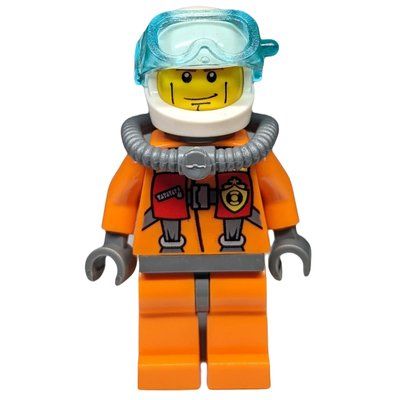 Minifigure Coast Guard Diver, Orange, White Helmet, Airtank, Mask from set 60013