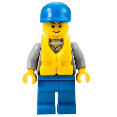 Minifiguur Coast Guard, Light Bluish Gray Shirt with Badge, Blue Cap, Yellow Life Vest uit set 60012