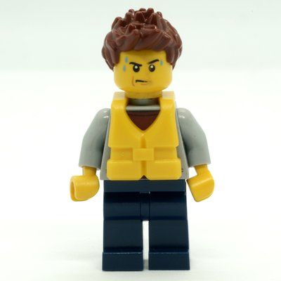 Minifigure Man, Light Bluish Gray Hoodie over Dark Red Shirt, Dark Blue Legs, Yellow Life Vest del set 60166