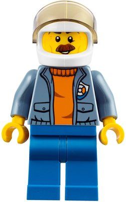 Minifigure Coast Guard, Open Sand Blue Jacket with Badge over Orange Sweater, White Helmet with Visor, Moustache del set 60166