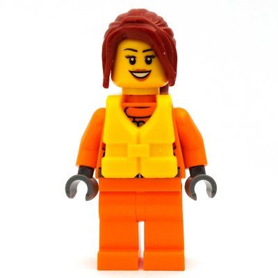 Minifigure Coast Guard, Woman, Orange Jumpsuit, Yellow Life Vest, Dark Red Hair del set 60166