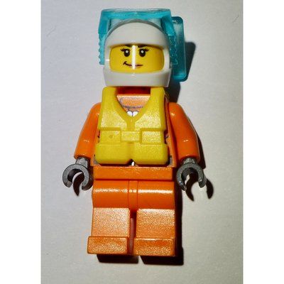 Minifigure Coast Guard, Woman, Orange Jumpsuit, White Helmet with Diving Mask, Yellow Life Vest del set 60166