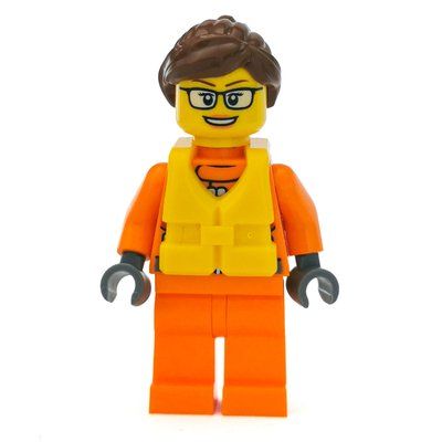 Minifigura Coast Guard, Woman, Orange Jumpsuit, Yellow Life Vest, Reddish Brown Hair, Glasses del set 60165