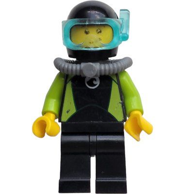 Minifigura Coast Guard Diver, Black and Lime Wetsuit, Black Helmet, Airtank, Mask del set 60165
