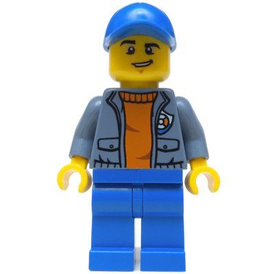 Minifigura Coast Guard, Open Sand Blue Jacket with Badge over Orange Sweater, Blue Cap del set 60165