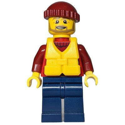 Figurine Man, Open Red Jacket over Dark Red Sweater, Dark Red Hat, Yellow Life Vest, Beard du set 60164