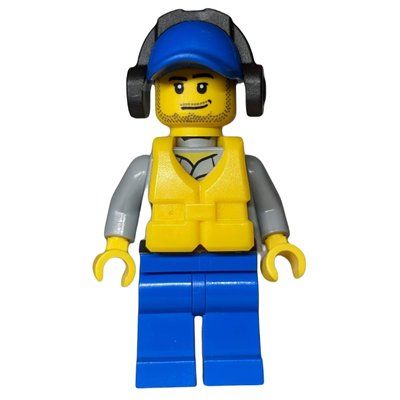 Minifigure Coast Guard, Light Bluish Gray Shirt with Badge, Blue Cap, Ear Defenders, Yellow Life Vest, Stubble del set 60014