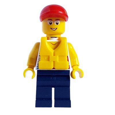 Minifigure Man, White Vest Top, Dark Blue Legs, Red Cap, Yellow Life Vest, Glasses del set 60014