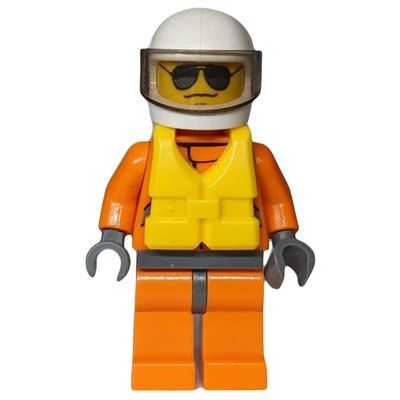 Minifigure Coast Guard, Orange Jumpsuit, White Helmet with Visor, Yellow Life Vest, Sunglasses del set 60014