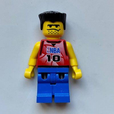 Minifigure Basketball Player, Red Torso with #10, Blue Legs, Black Flat Top Hair from set 3431